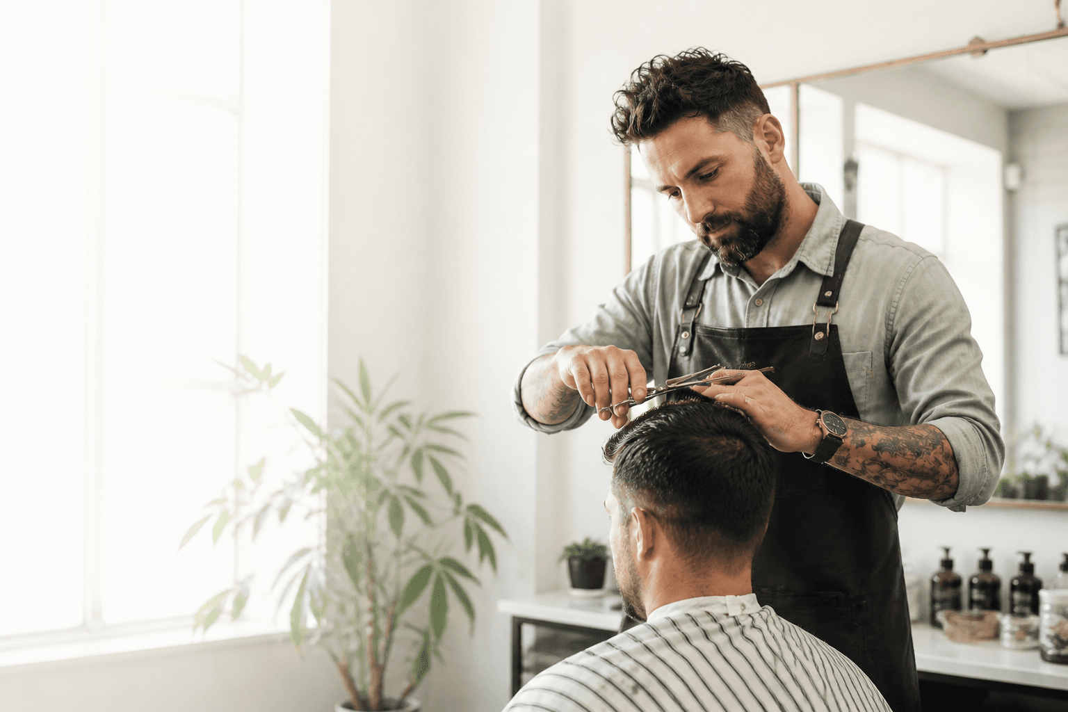 Independent barber giving a client a haircut